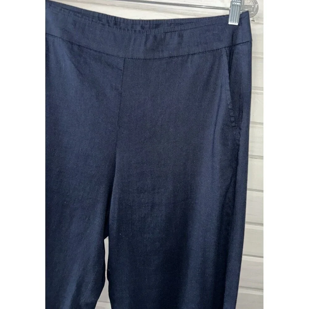 Chicos Sz 1 (8R) Wide Leg Linen Pants Navy Blue Pull On Pockets Stretch EUC - Picture 3 of 8
